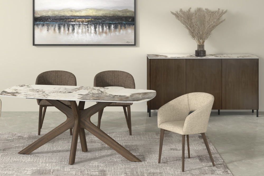 Alina 3 Door Sideboard in Brown Finish with Dining Table and Chairs in Dining Setting