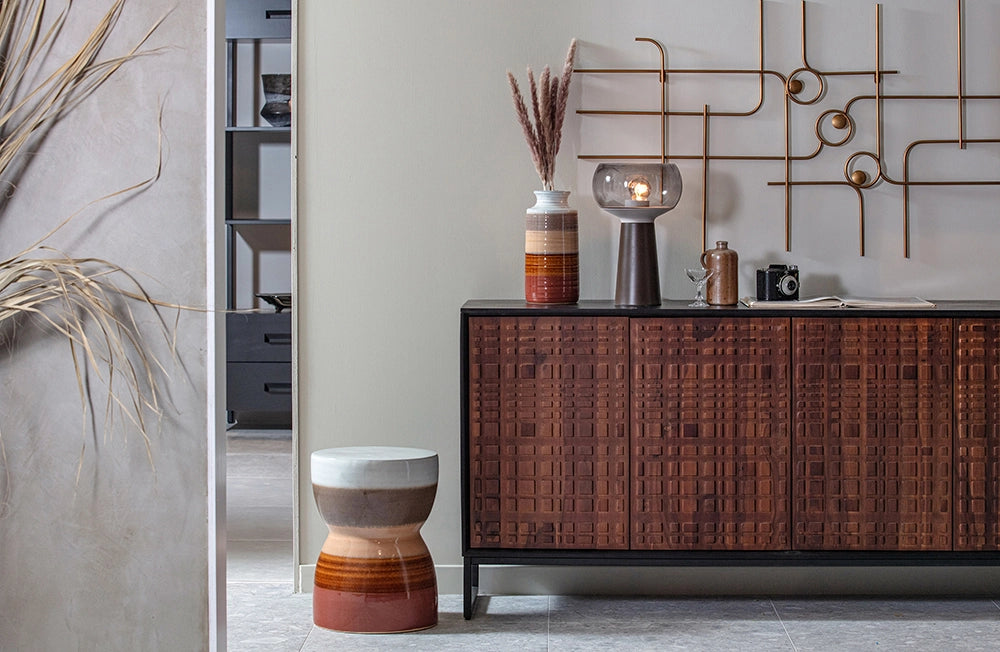Allen Sideboard in Walnut/Black Finish with Indoor Plant and Vase in Living Room Setting