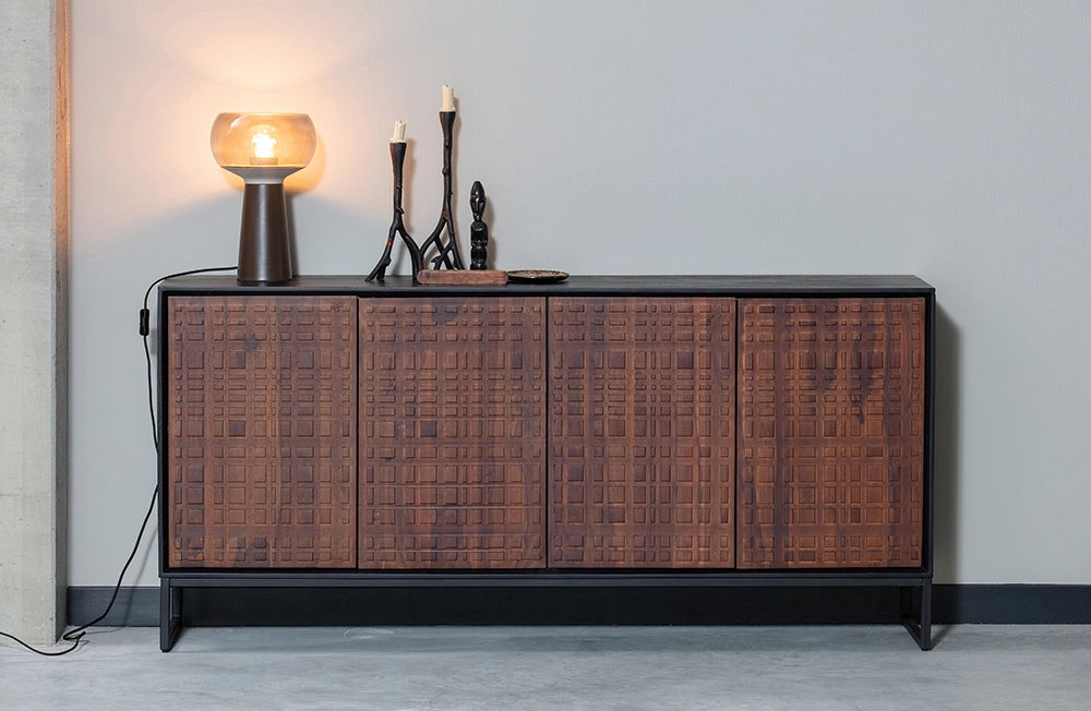 Allen Sideboard in Walnut/Black Finish with Lamp and Candles in Living Room Setting