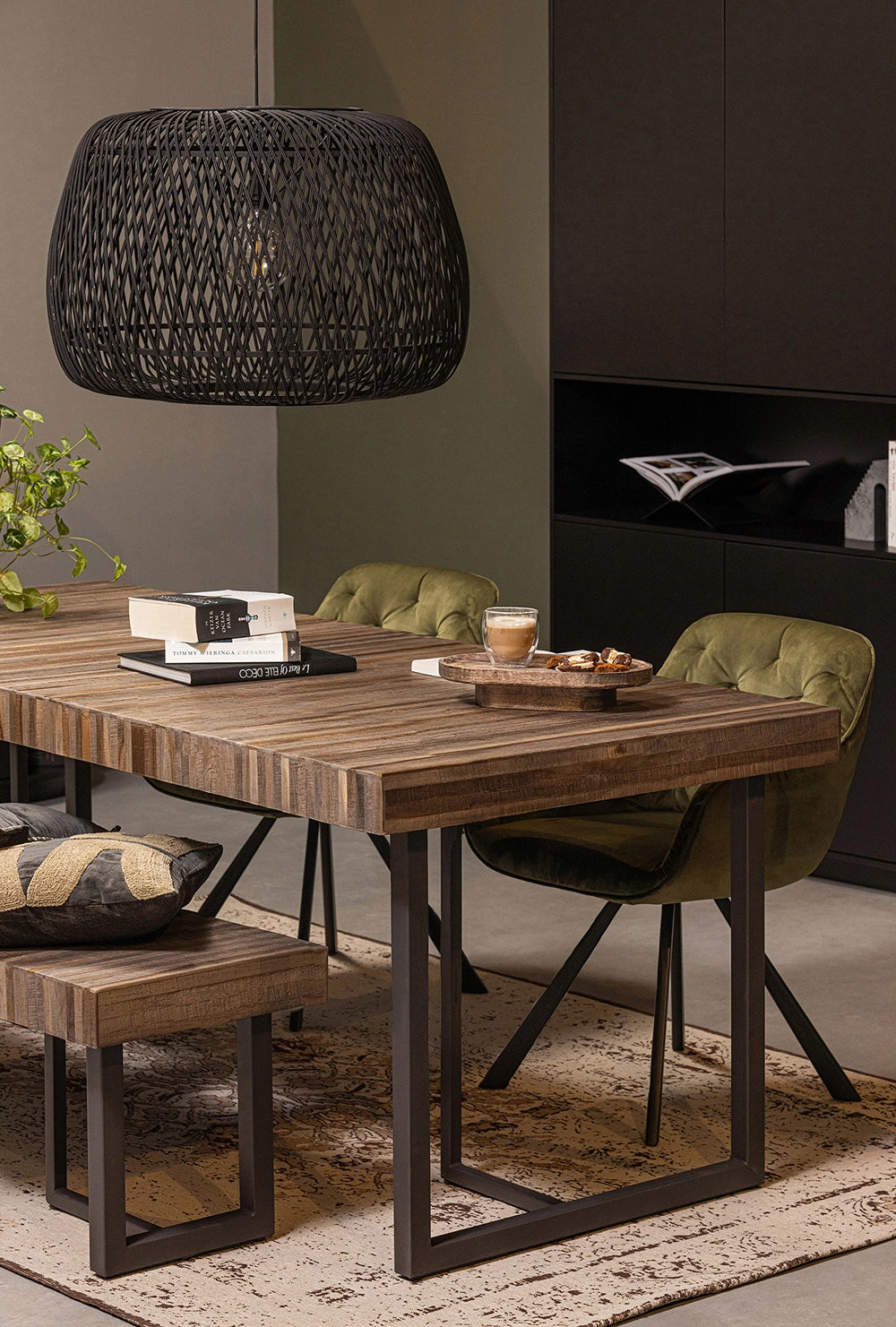 Amie Dining Bench Natural 5 with Matching Table and Dark Brown Display Cabinet in Living Room Setting