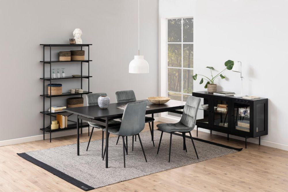 Angie 3 Door Sideboard in Black Finish with Dining Table and Bookshelves in Dining Setting