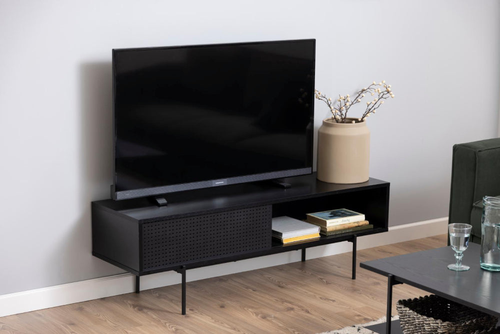 Angie Rectangular Media TV Unit with Coffee Table and Indoor Plant in Living Room Setting
