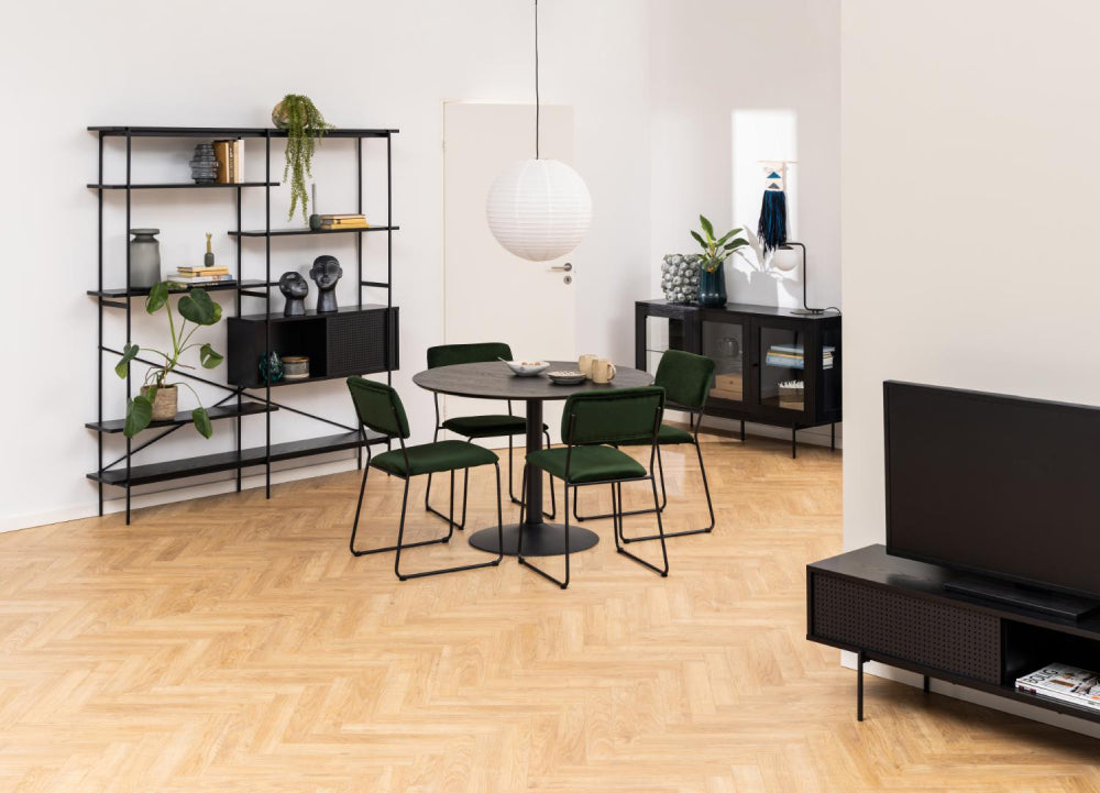Angie Rectangular Media TV Unit with Round Table and Dining Chair in Living Room Setting