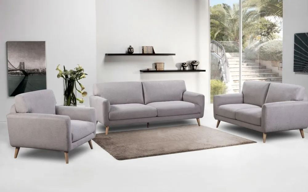Anna 3 Seater Sofa Grey with Floor Rug and Armchair in Living Room Setting