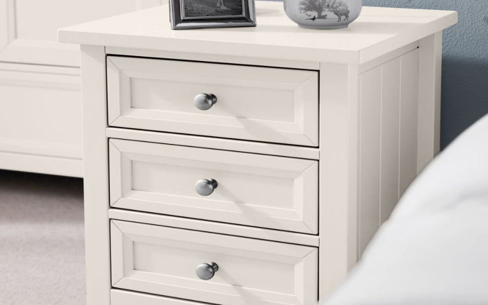 Annie 3 Drawer Bedside Table in Surf White Finish in Bedroom Setting