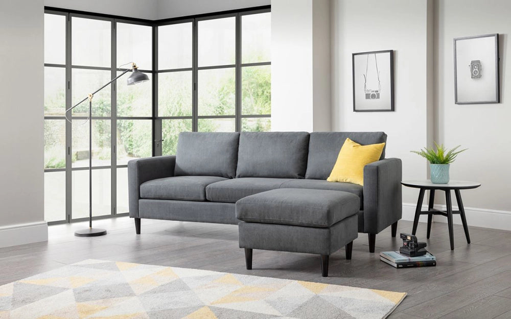 Aria Upholstered Corner Sofain Grey Finish with Four Wooden Leg Coffee Table and Standing Lamp in Livng Room Setting 4