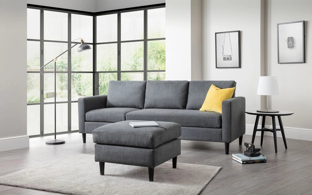 Aria Upholstered Corner Sofain Grey Finish with Four Wooden Leg Coffee Table and Standing Lamp in Livng Room Setting 3