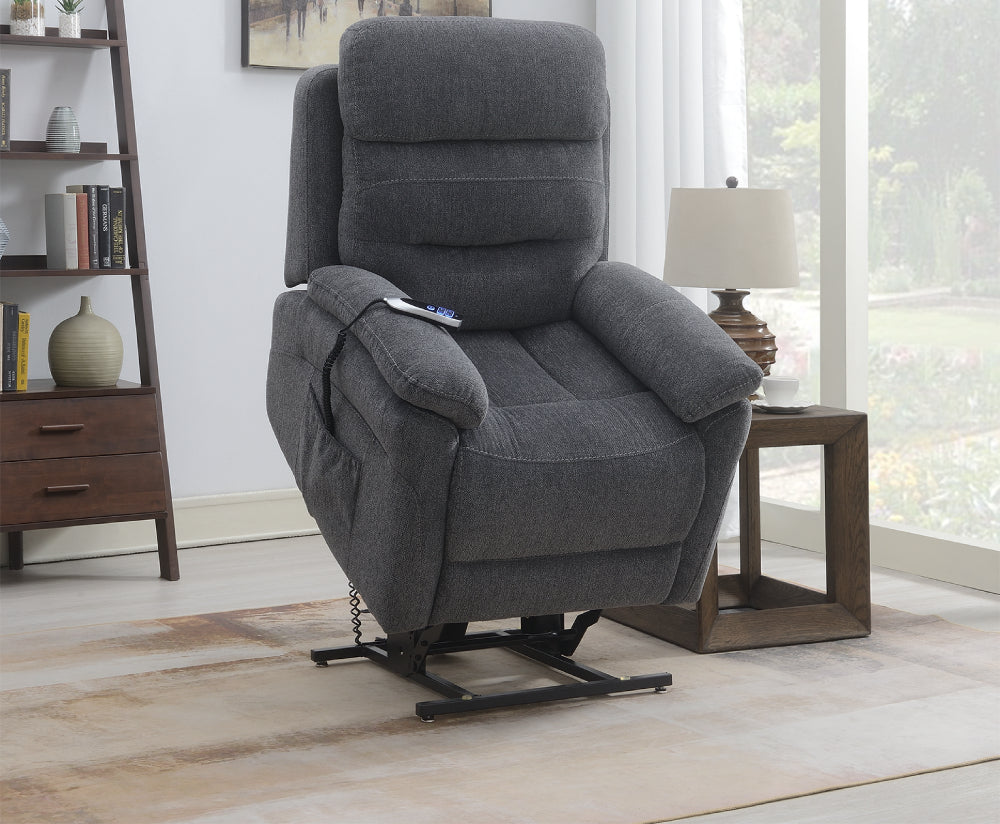Arlo Rise and Tily Chair Dark Grey with Lampshade and Teacup in Living Room Setting