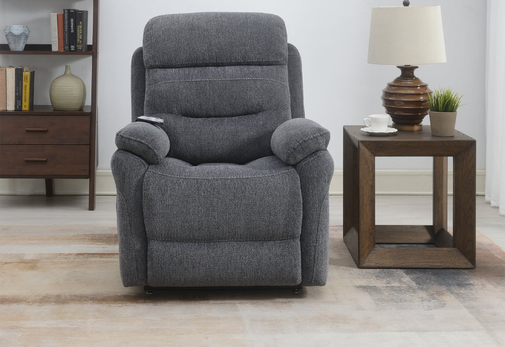 Arlo Rise and Tily Chair Dark Grey with Side Table and Indoor Plant in Living Room Setting