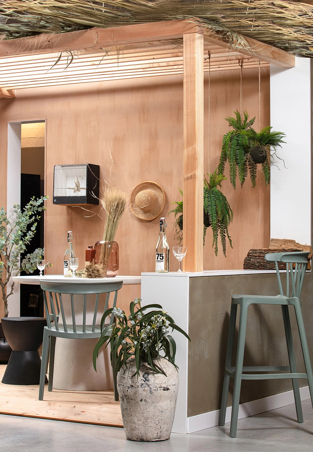 Ash Polypropylene Chair Jade Green with White Bar Counter and Green High Chair in Mini Bar Settings