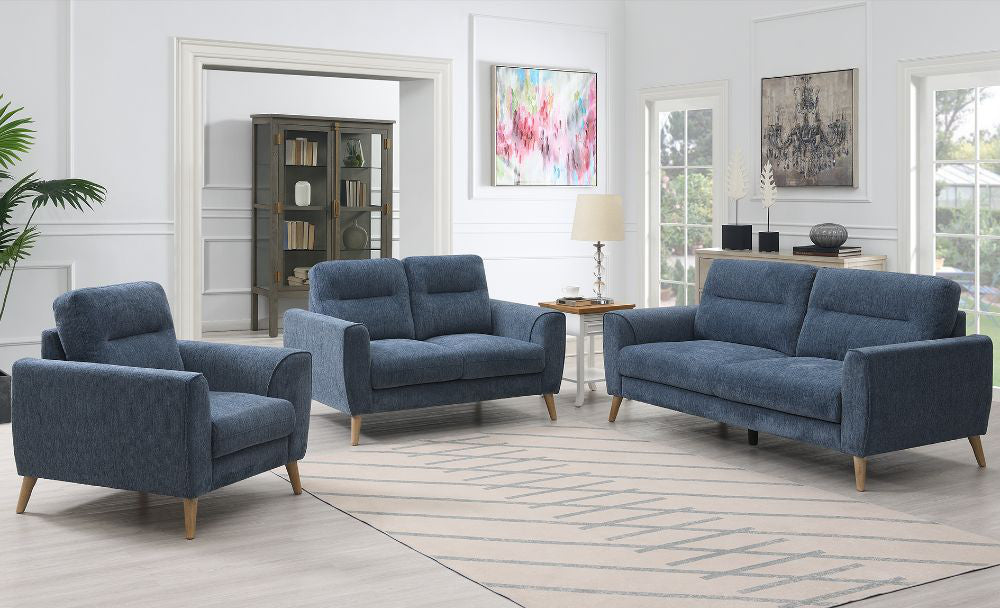 Avery 3 Seater Sofa Blue with Wall Art and Floor Rug in Living Room Setting