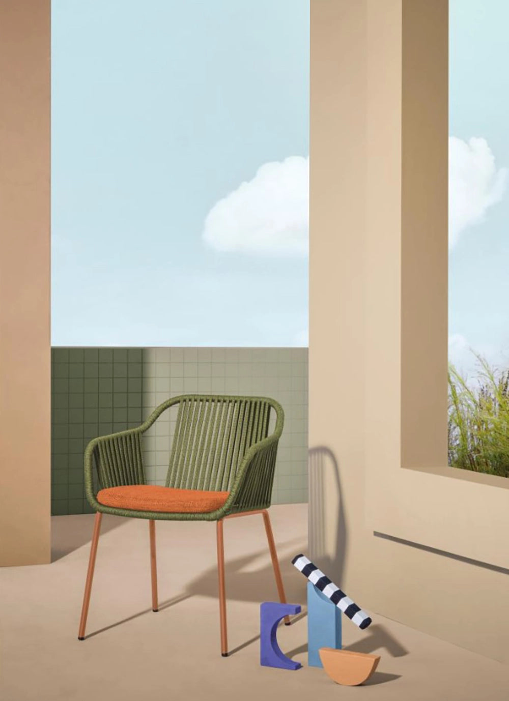 Babila Twist Dining Chair with Armrests in Two Toned Finish Outdoor Setting