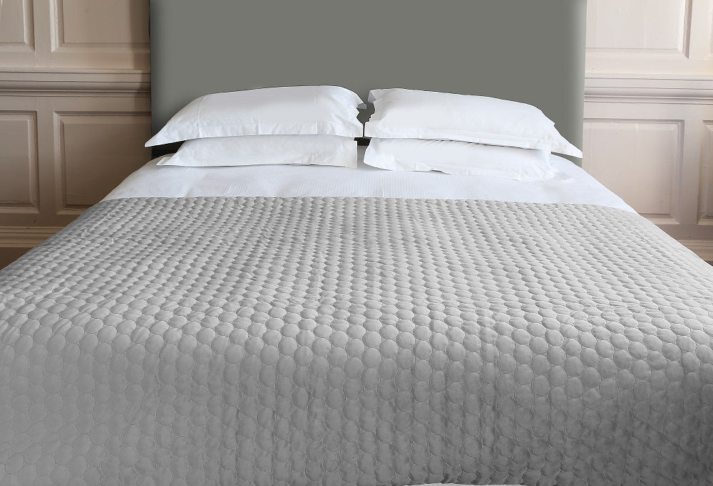 Bedspread Geometric Throw in Silver Finish with Pillows in Bedroom Setting