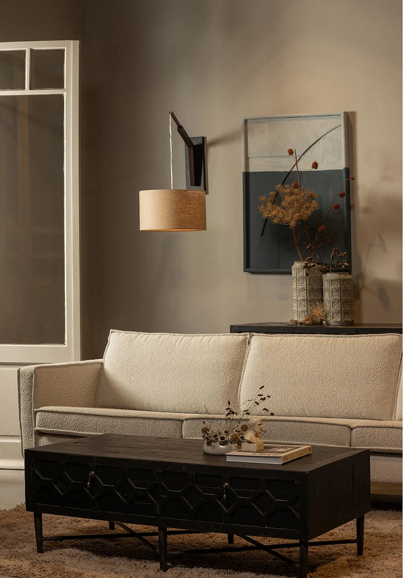 Bella Coffee and TV Table with Upholstered Sofa and Hanging Lamp in Living Room Setting
