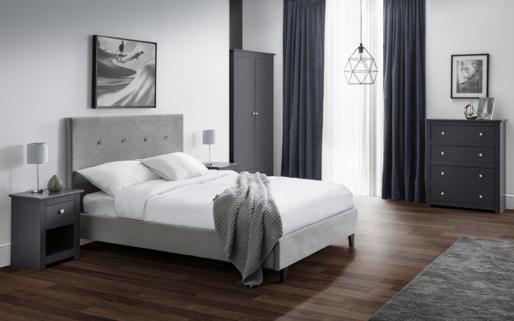 Bradley Bedside Table in Anthracite Finish with Lampshade and Wardrobe in Bedroom Setting