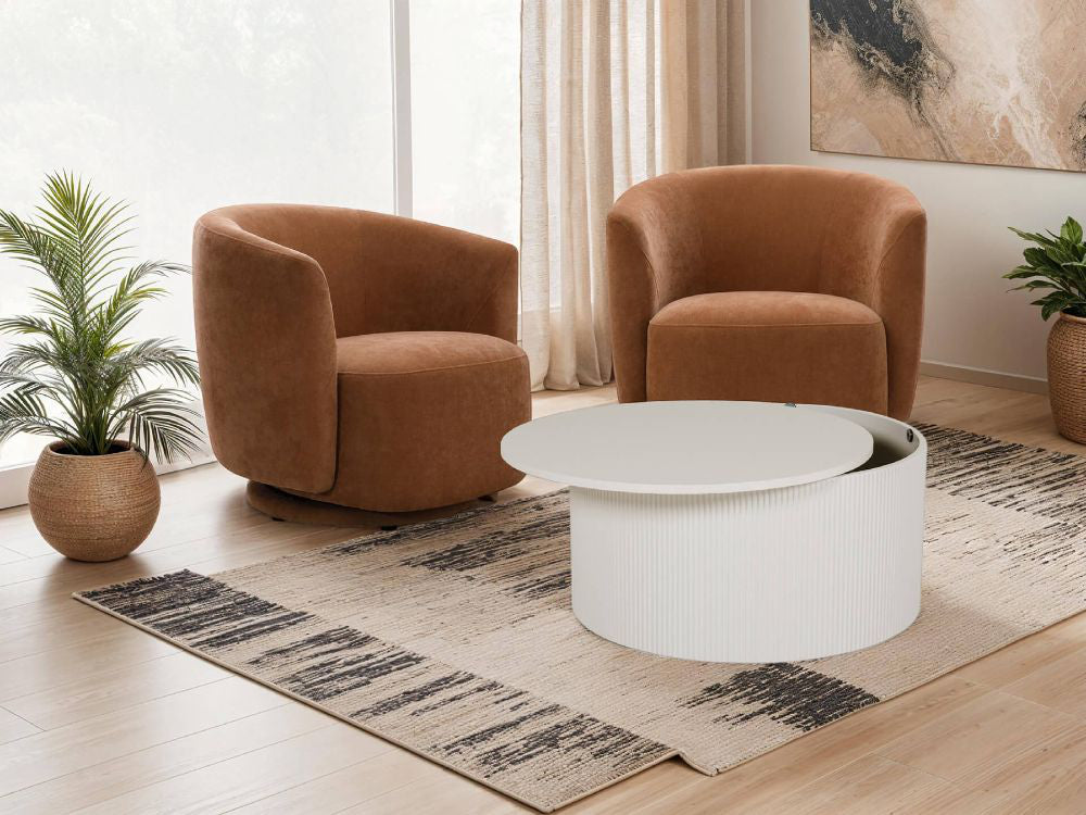Bryn Swivel Accent Chair in Umber Finish with Coffee Table and Indoor Plant in Living Room Finish