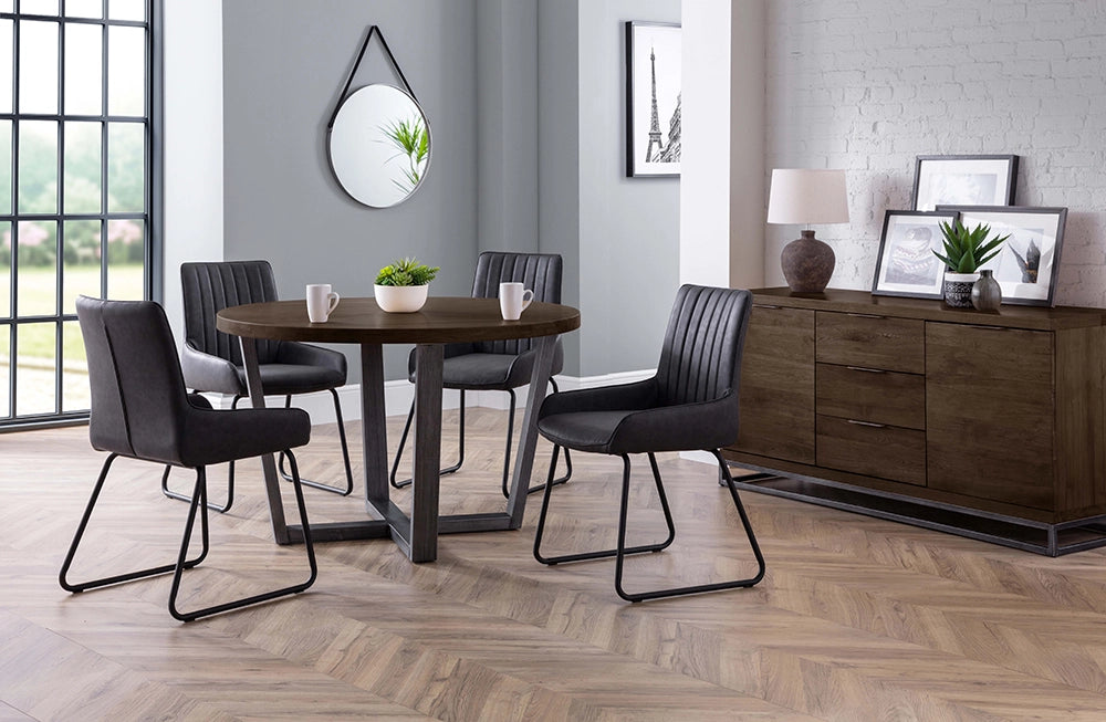Camden Dining Chair in Black Finish with White Lampshade and Wooden Cupboard in Living Room Setting