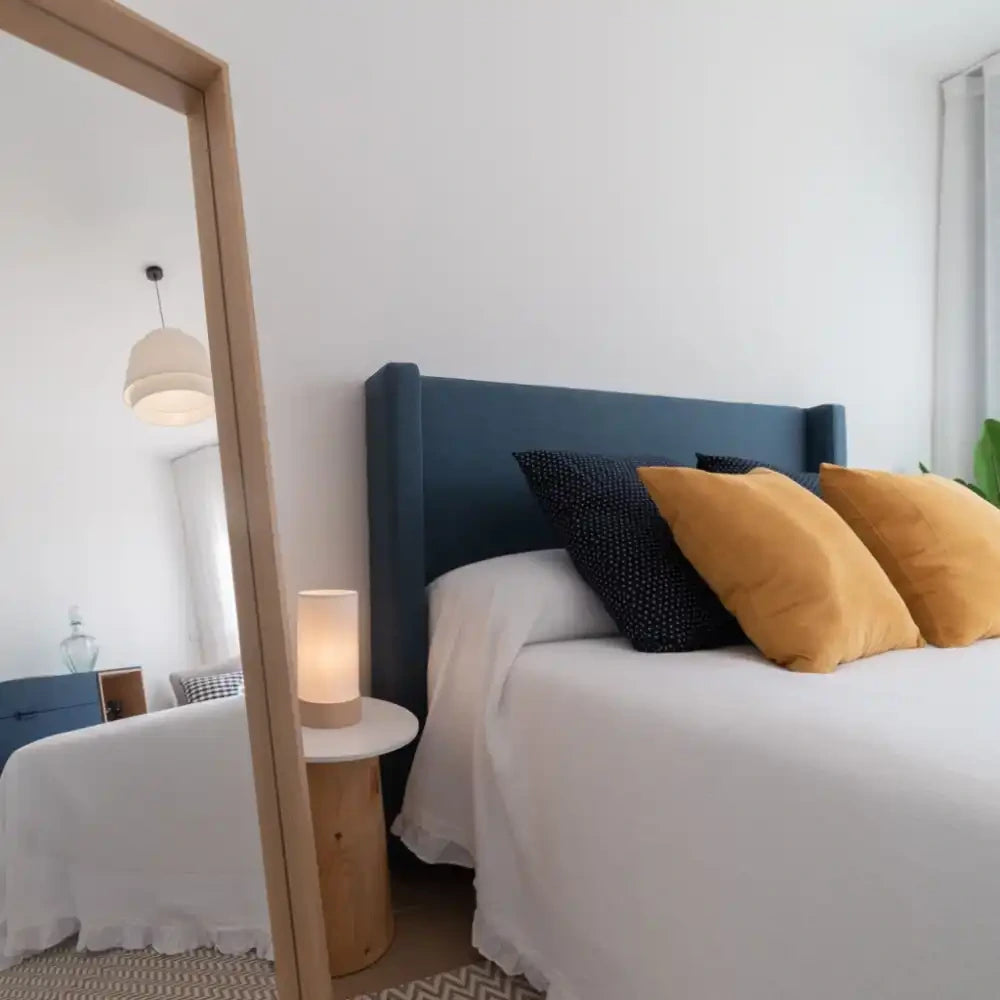 Casual Solutions Beat Headboard 3 in Blue with Mattress and Colourful Pillows in Bedroom Settings