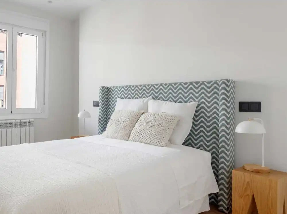 Casual Solutions Beat Headboard 5 in Grey and White Printed Pattern with Pillows and Wooden Bedside Table