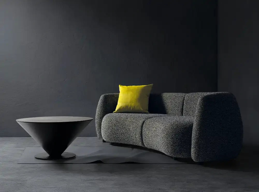 Casual Solutions Demure 3-Seater Sofa 5 with Yellow Throw Pillow and Grey Round Table