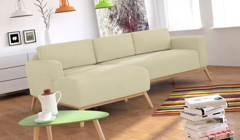 Chase Corner Sofa in Cream Finish with Coffee Table and Floor Rug in Living Room Setting