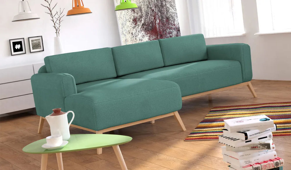 Chase Corner Sofa in Light Blue Finish with Coffee Table and Floor Rug in Living Room Setting