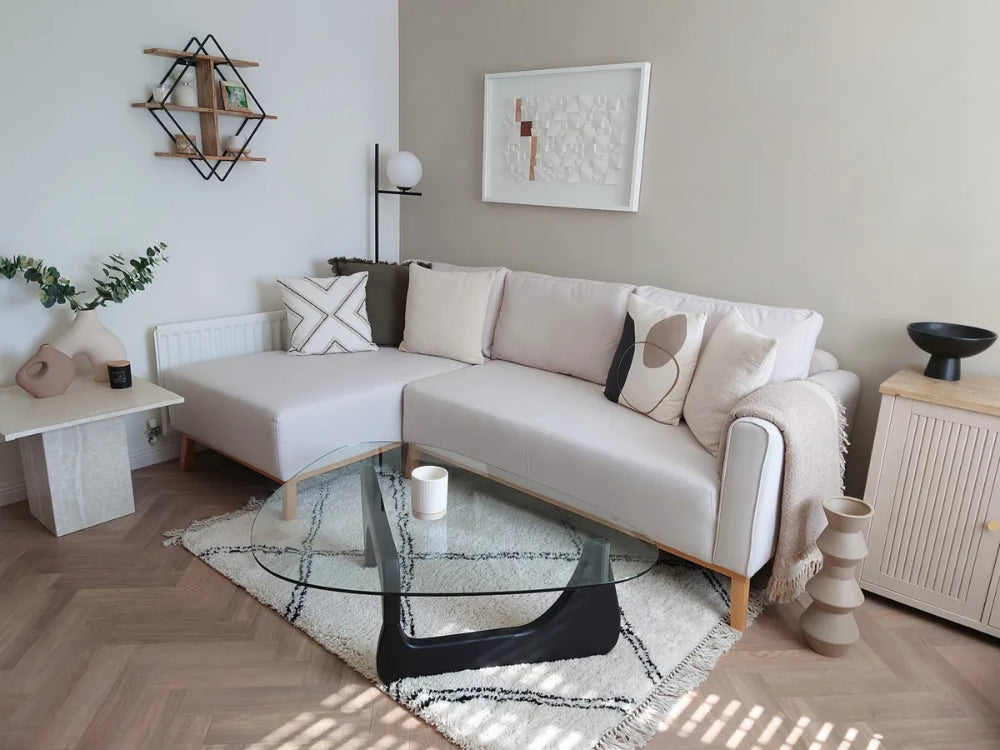 Chase Corner Sofa in White Finish with Coffee Table and Cupboard in Living Room Setting