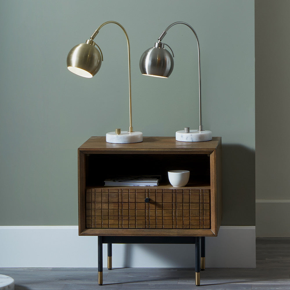 Ciani Brushed Brass and White Marble Table Lamp with Storage Unit in Breakout Setting