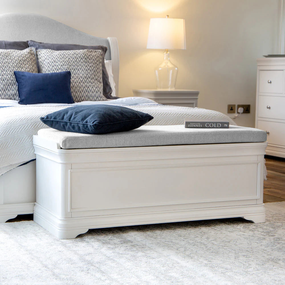 Cindy White Blanket Box with Lampshade and Chest Drawer in Bedroom Setting