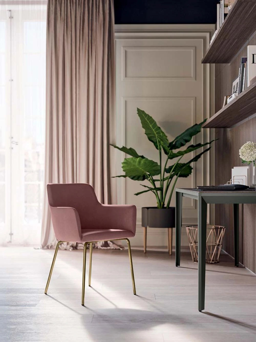 City Design Balance Dining Chair With Steel Legs In Light Pink With Rectangular Desk
