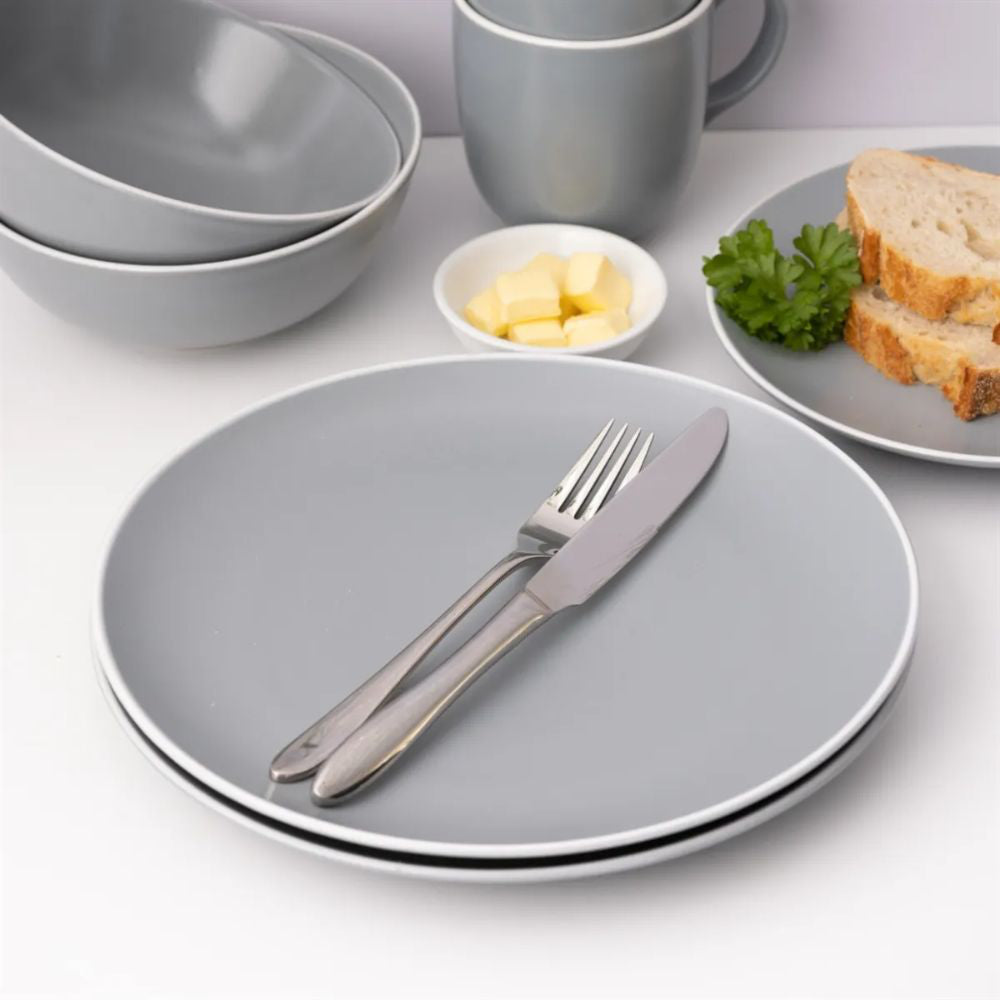 Classic Grey 12 Piece Dinner Set with Cutlery in Kitchen Setting