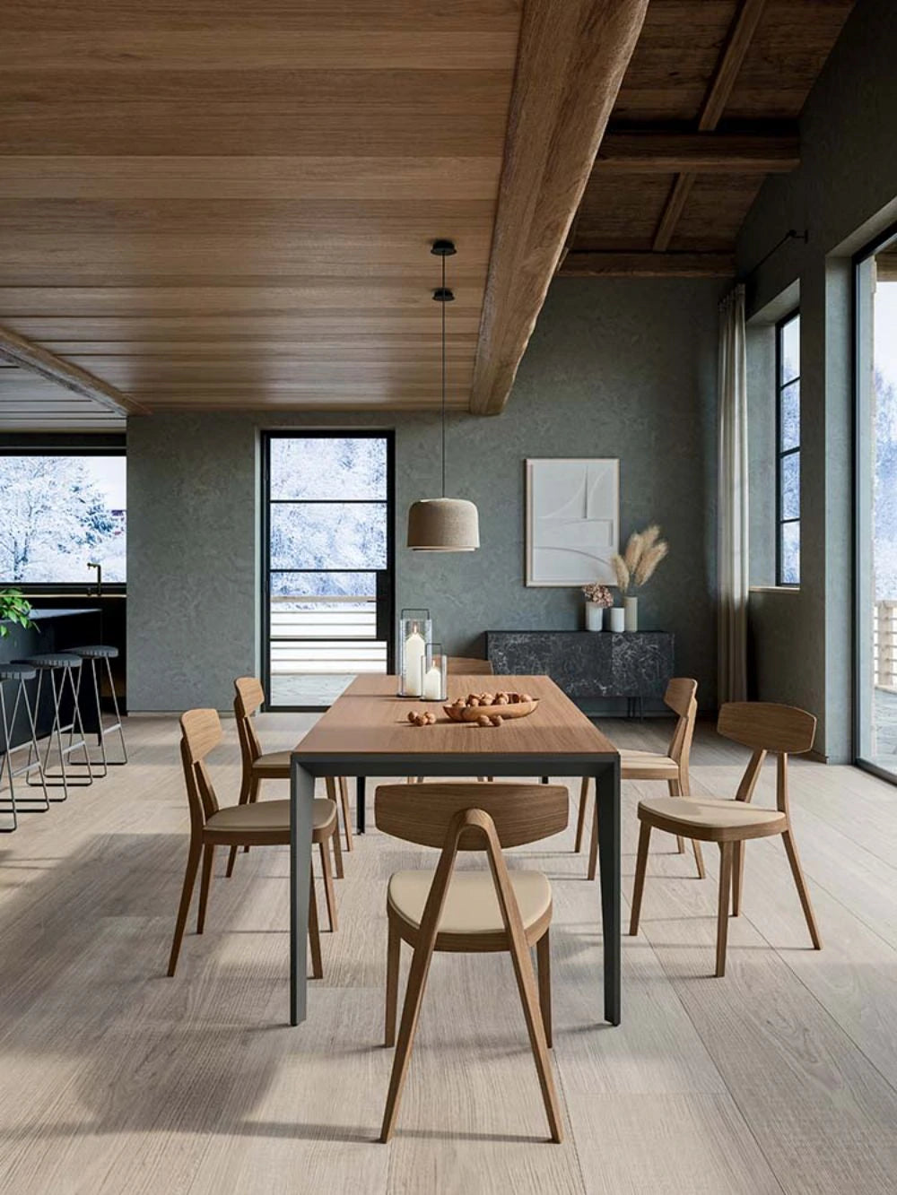 Compass Dining Chair in Light Oak with Rectangular Dining Table in Dining Area