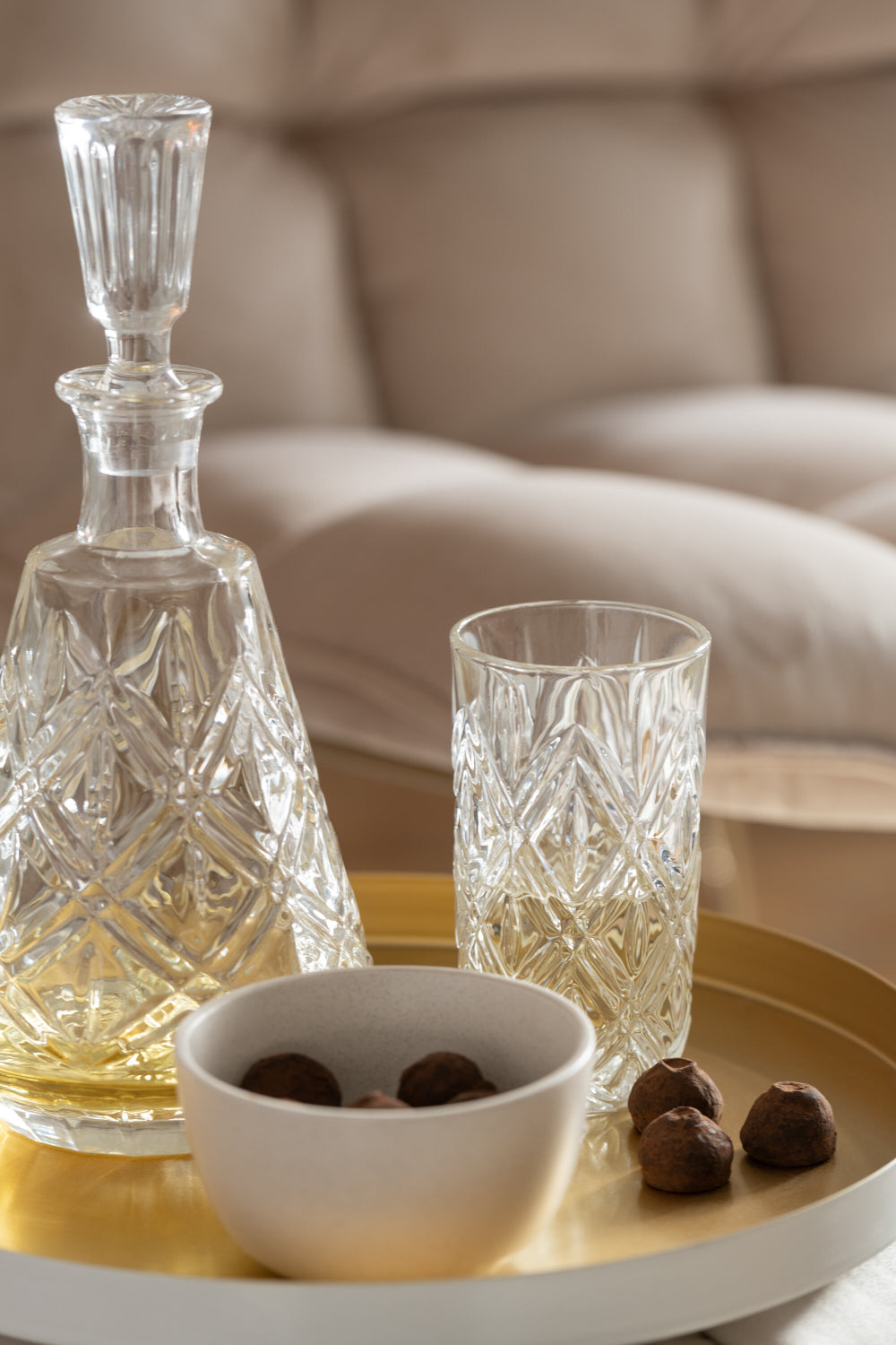 Cream Medium Ceramic Bowl in Ivory Finish with Wine Bottle and Glass