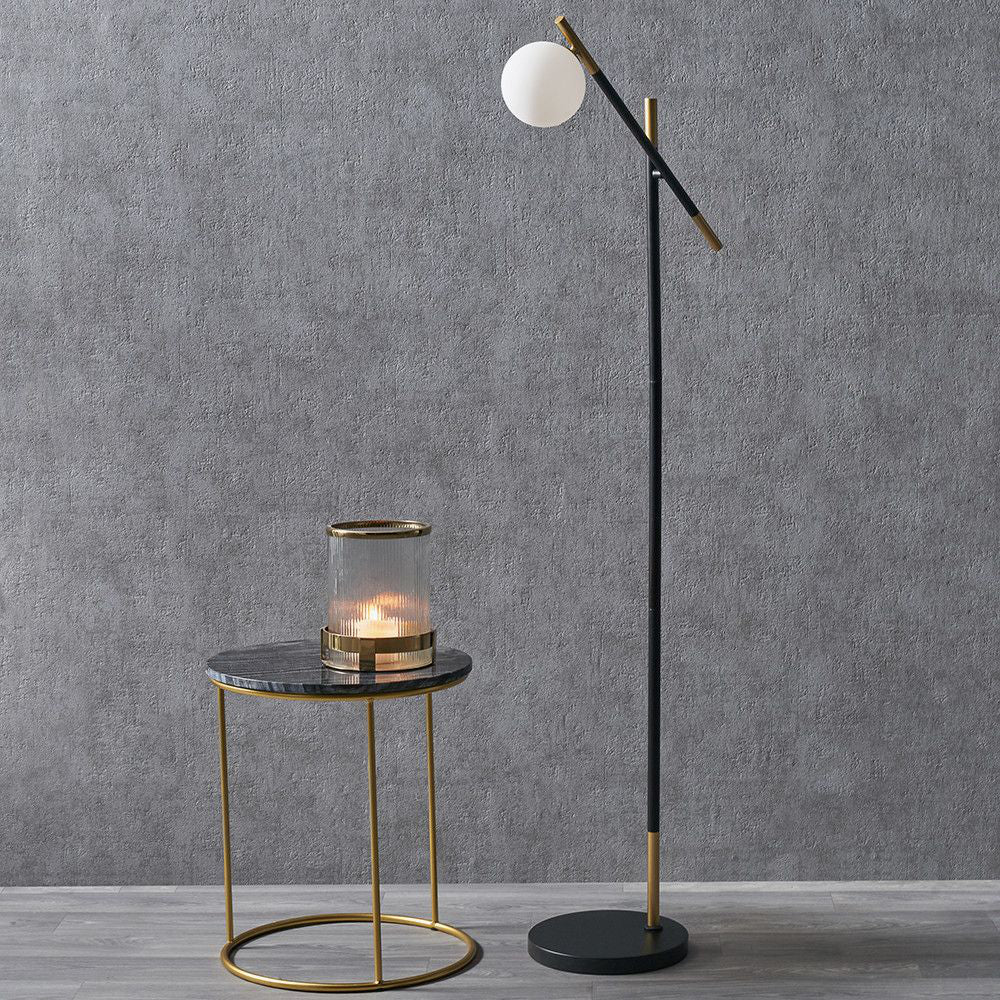 Dalia White Orb and Black Metal Floor Lamp with Side Table in Living Room Setting