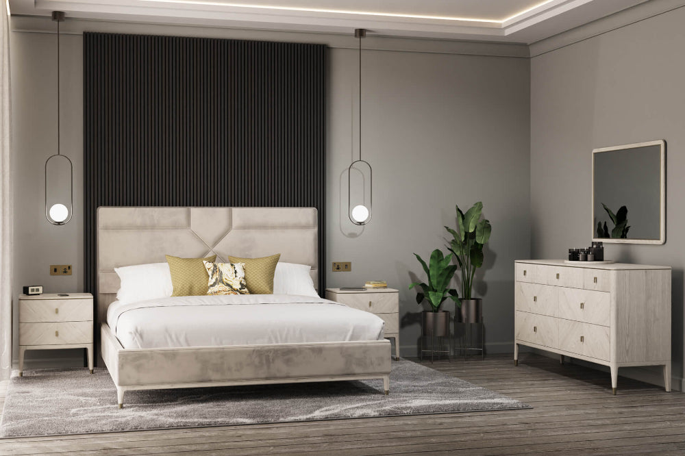 Darla 2 Drawer Bedside Table in Stone Finish with Wardrobe and Indoor Plant in Bedroom Setting