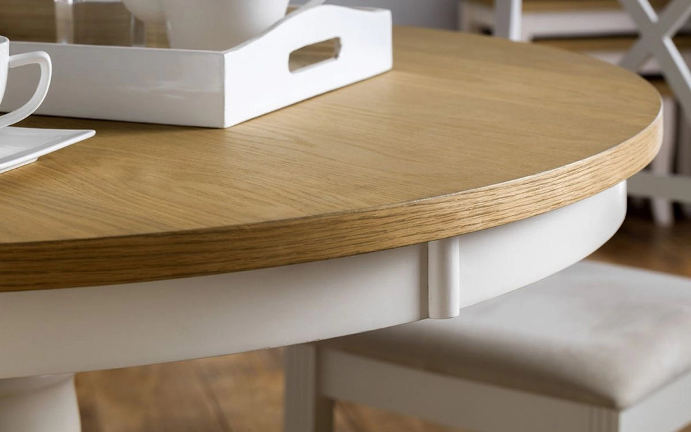 Davina Oak Top Round Pedestal Dining Table Ivory Detail