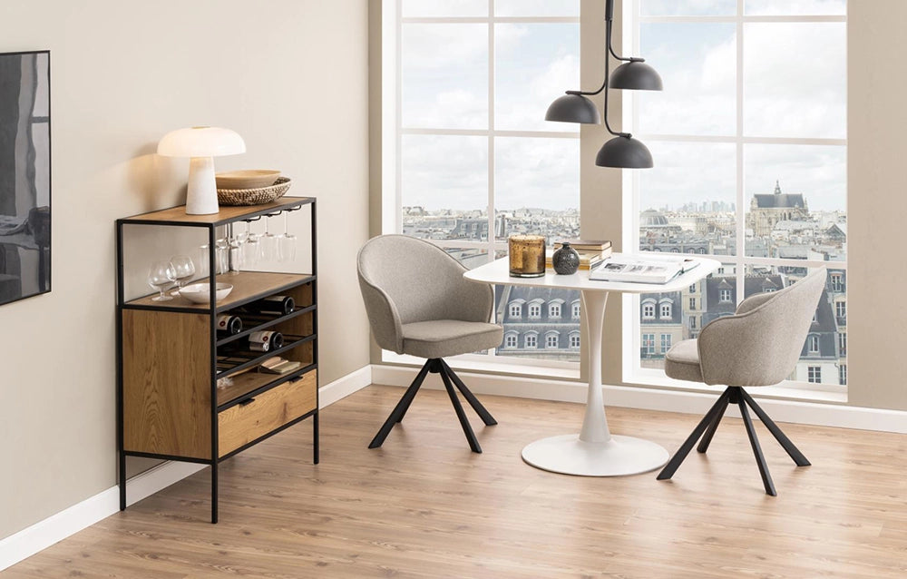 Dune Square Dininig Table in White Finish with Upholstered Armchair and Table Lamp in Breakout Setting