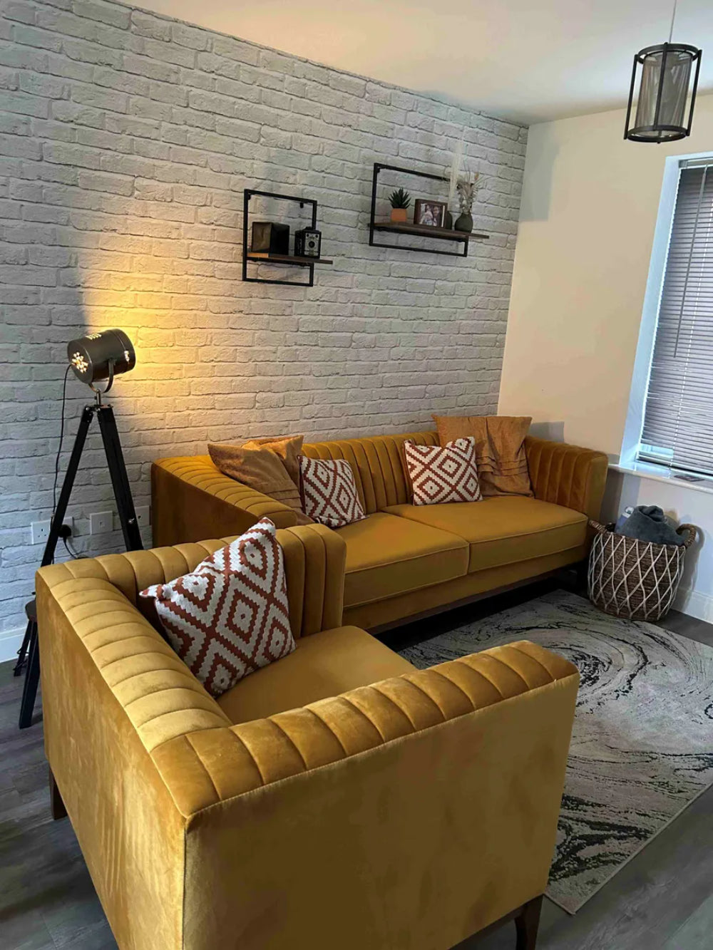 Edwin Armchair in Mustard Finish with 3 Seater Sofa in Living Room Setting