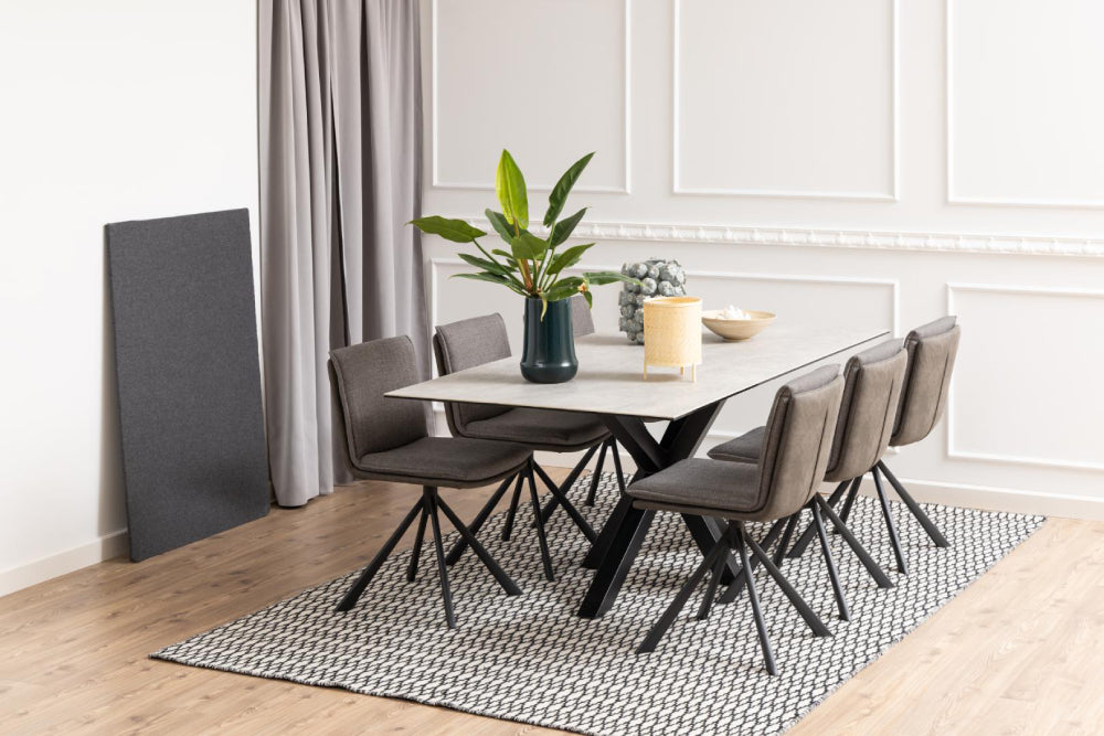 Evan Rectangular Dining Table Grey with Floor Rug and Indoor Plant in Dining Setting