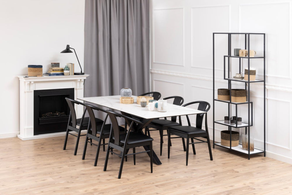 Evan-Rectangular-Dining-Table-White-Marble-with-Table-Lamp-and-Shelves-in-Dining-Setting-2
