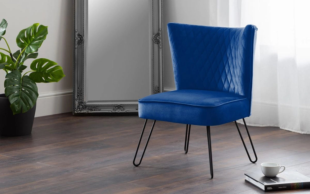 Faro Upholstered Chair in Blue Finish with Indoor Plant with Book in Living Room Setting