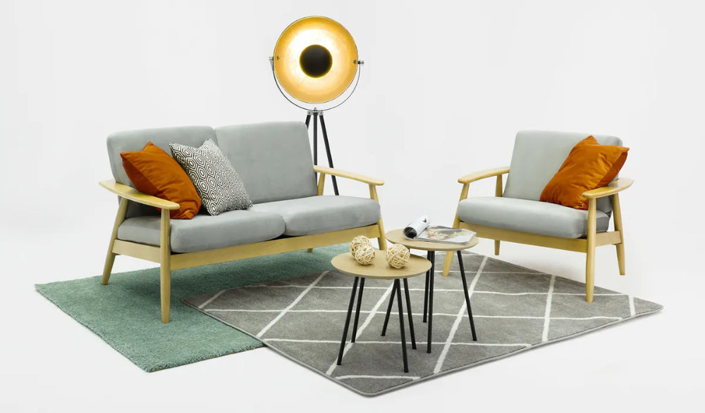 Felix 2 Seater Sofa Silver and Like Oak Finish with Coffee Table and Armchair in Studio Setting