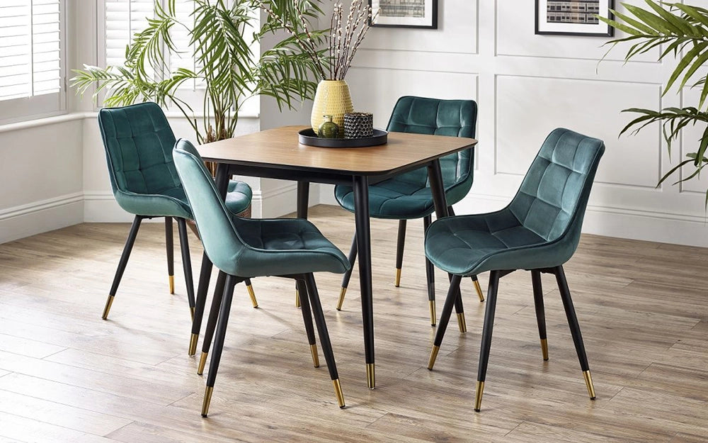 Fintan Square Dining Table in Walnut and Black Finish with Indoor Plant and Wall Frame in Dining Setting