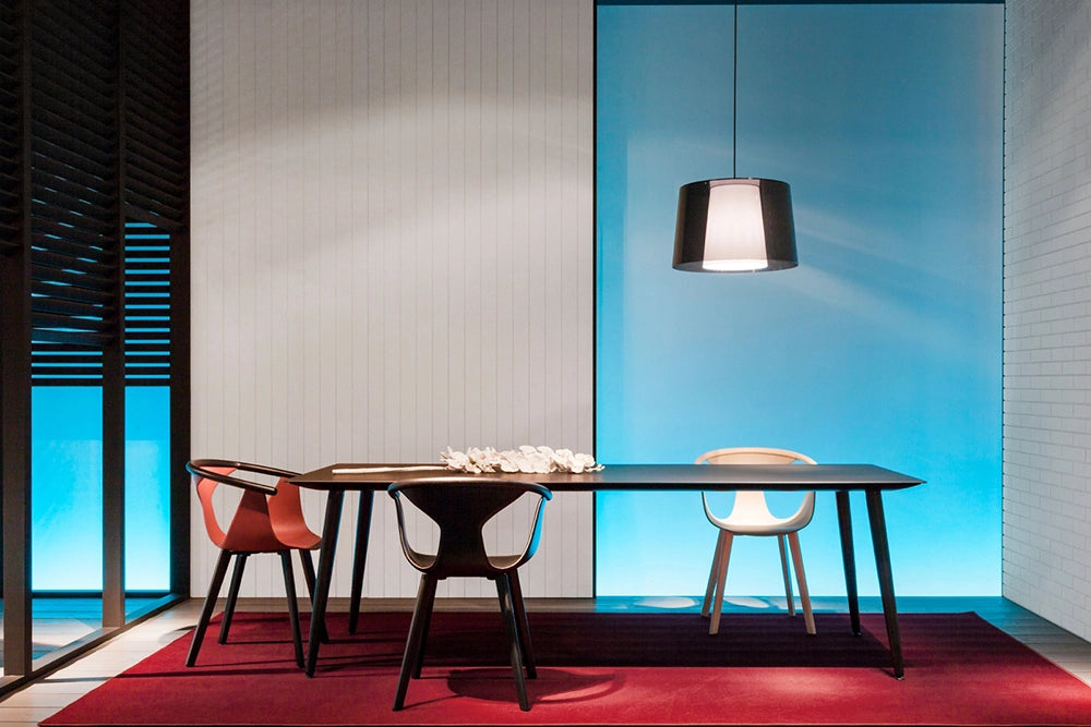 Fox Dining Chair with Armrests in Red Finish with Rectangular Table and Ceiling Lamp in Breakout Setting