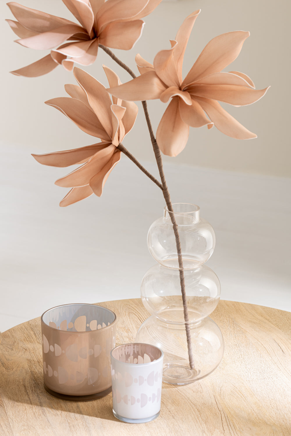 Glass Globe Shaped Large Vase in Transparent Finish with Table in Living Room Setting