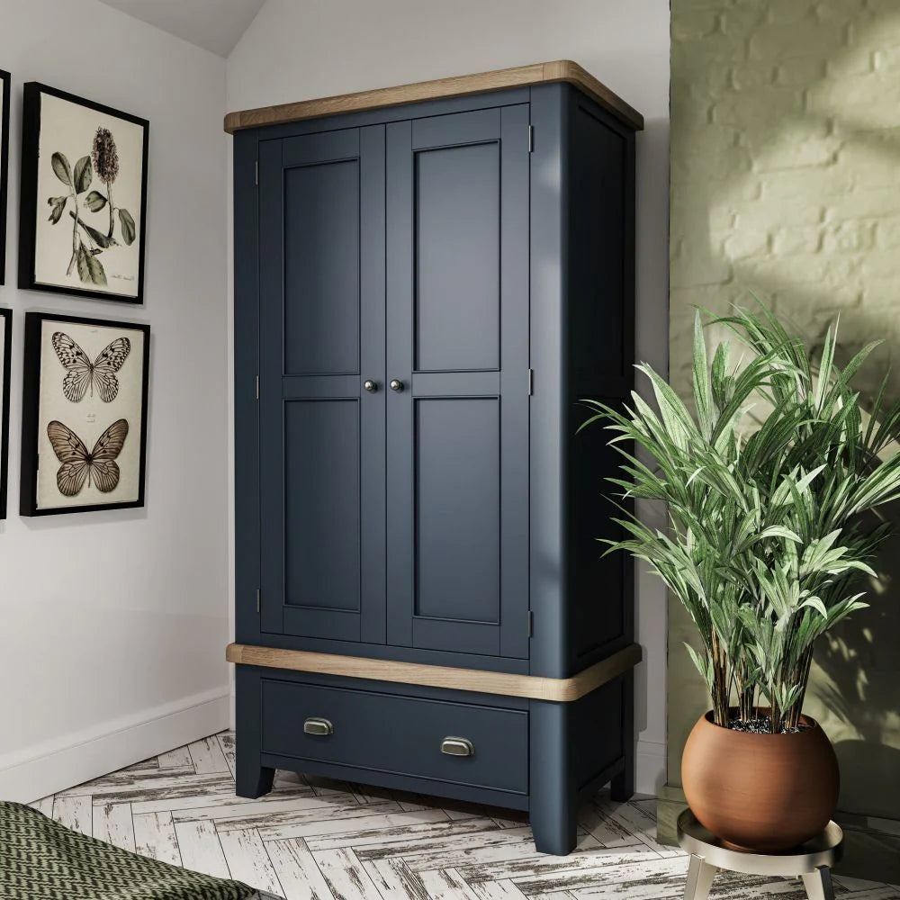 Hadley 2 Door Wardrobe in Blue Finish with Indoor Plant in Bedroom Setting