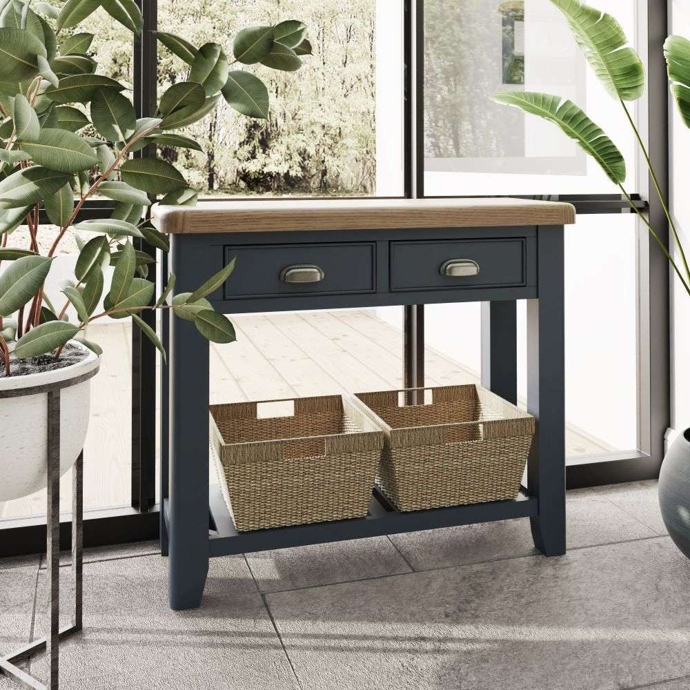 Hadley Hall Console Table in Blue Finish with Indoor Plant and Whisker Basket in Living Room Setting