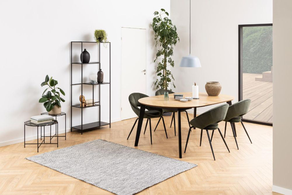 Harlie Marble Top Side Table in Black Finish with Dining Chair and Floor Rug in Living Room Setting
