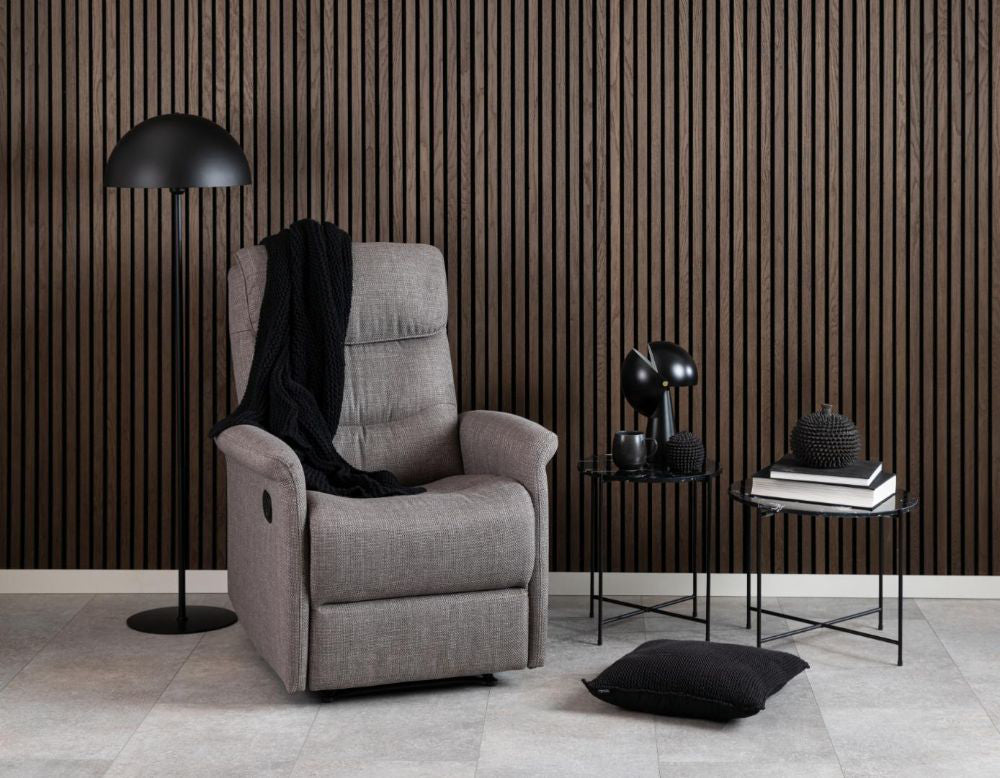 Harlie Marble Top Side Table in Black Finish with Floor Lamp in Recliner Chair in Living Room Setting