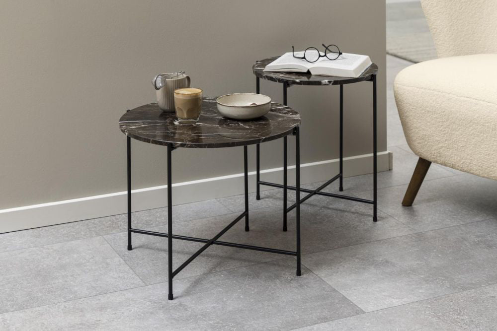 Harlie Marble Top Side Table in Brown Finish with Book and Eyeglass in Living Room Setting